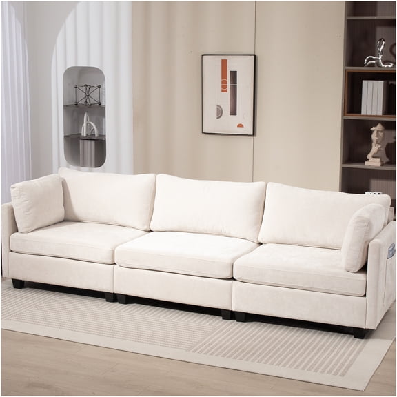 JERFIT Modern 3-Seater Chenille Fabric Sofa Couch with Side Pocket, Soft Beige Upholstery for Living Room, Apartment, Office