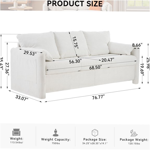JERFIT Modern 3-Seater Chenille Sofa, Plush Ivory White Upholstered Couch with Deep Seating and High-Resilience Foam for Living Room, Apartment