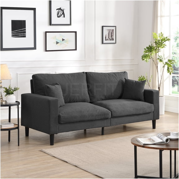 JERFIT Modern 3-Seater Corduroy Sofa Couch for Living Room, Sturdy Wood Frame, Comfortable Upholstered Sofa Bed with Pillows, Dark Gray