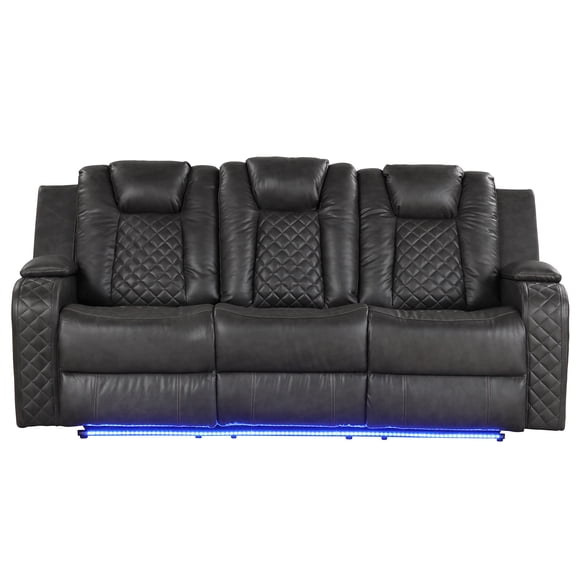 JERFIT Modern 3-Seater Power Recliner Sofa with LED Lights, USB Charging & Cup Holders, Faux Leather, Gray