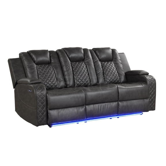JERFIT Modern 3-Seater Power Reclining Sofa with LED Lights and USB Charging, Faux Leather, Black