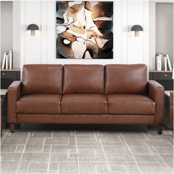 JERFIT Modern 3-Seater Sofa Couch with Faux Leather Upholstery, Chocolate Brown, for Living Room, Contemporary Style