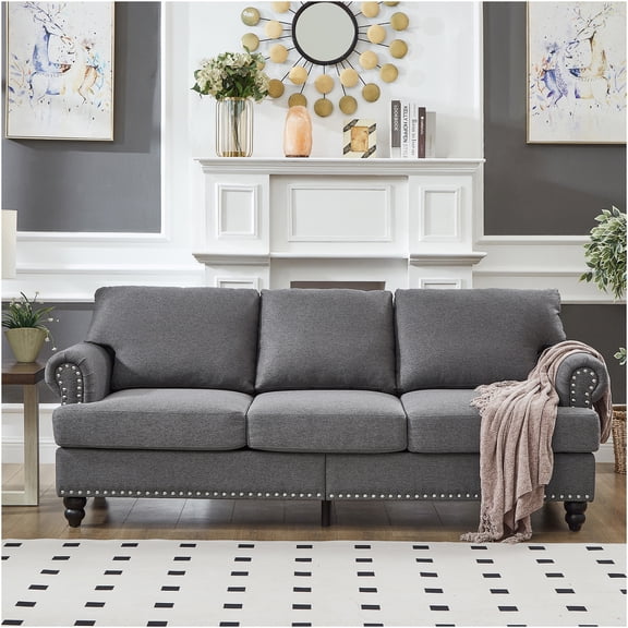 JERFIT Modern 3-Seater Sofa with Storage, Classic Tufted Fabric Couch, Gray Polyester Upholstery for Living Room