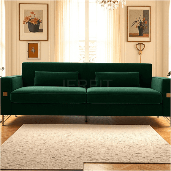 JERFIT Modern 3-Seater Velvet Sofa Couch with Gold Metal Legs for Living Room, Retro Green Tufted Back Loveseat