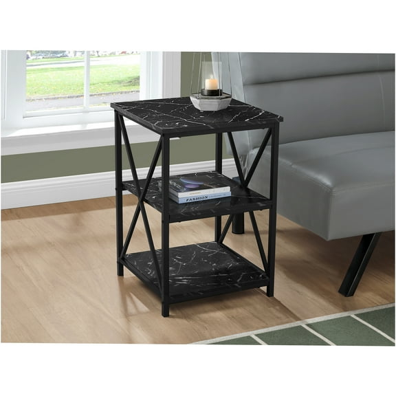 JERFIT Modern 3-Tier End Table with Storage, Black Marble Accent Table for Living Room, Bedroom Nightstand with Metal Base