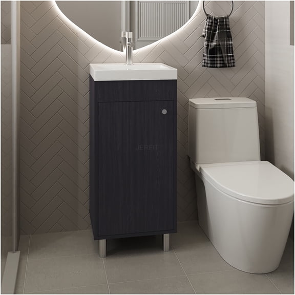 JERFIT Modern 32 Inch Freestanding Bathroom Vanity Cabinet with Sink Base, 2 Shelves Storage, Black Finish for Small Space