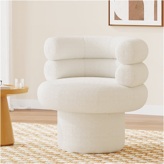 JERFIT Modern 360 Swivel Accent Chair, Plush Teddy Fleece Barrel Chair with Round Back for Living Room, Bedroom, Vanity, White