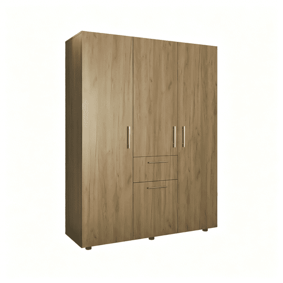 JERFIT Modern 4-Door Armoire with Drawer, Light Oak Wood Finish Wardrobe Closet for Bedroom Storage