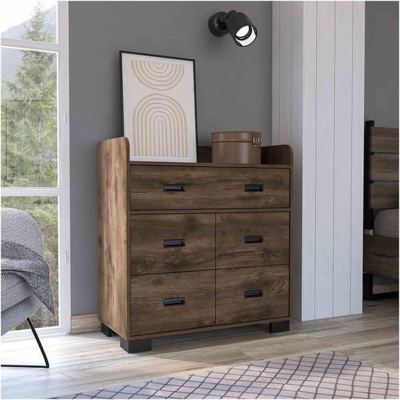 JERFIT Modern 4-Drawer Dresser with Double Drawer, Particle Board Storage Chest for Bedroom, Dark Brown