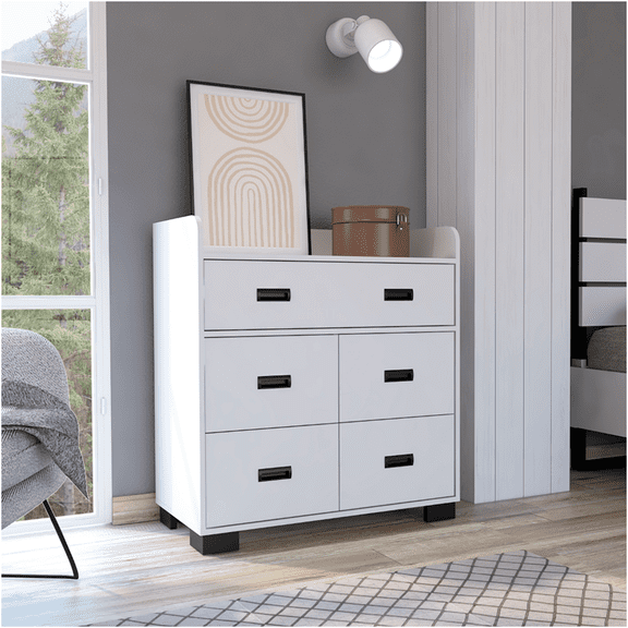 JERFIT Modern 4-Drawer Dresser with Double Drawer, White Particle Board Chest for Bedroom Storage