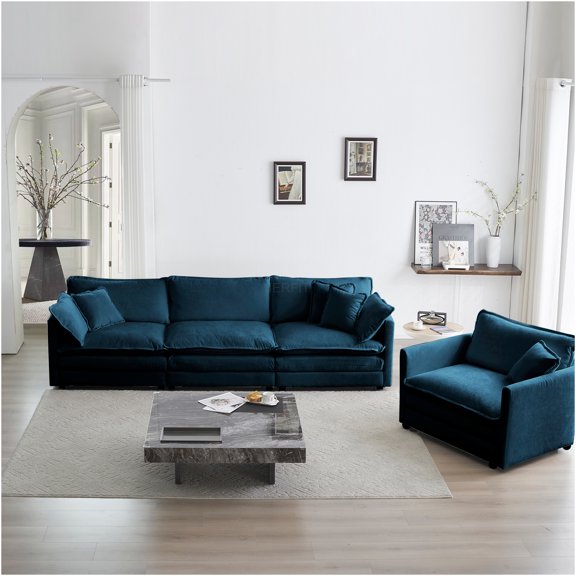 JERFIT Modern 4-Piece Chenille Sectional Sofa Set with Accent Chair, Deep Seated Couch for Living Room, Apartment, Blue