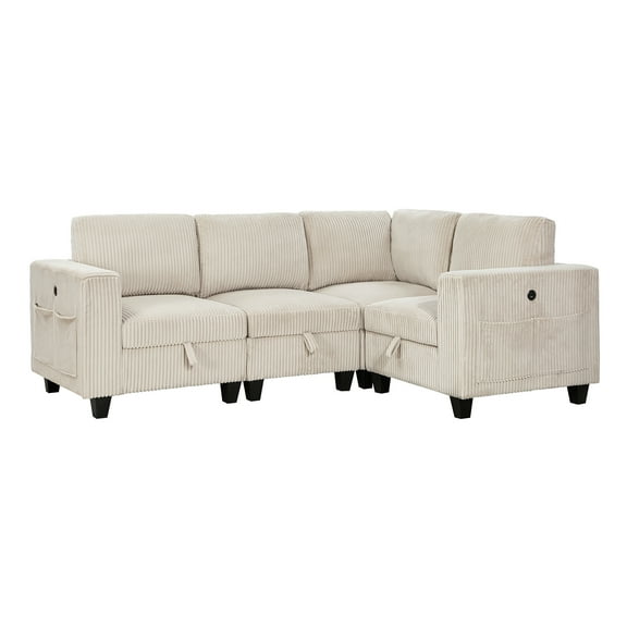 JERFIT Modern 4-Piece Modular Sectional Sofa with Storage, USB Charging, Corduroy Fabric for Living Room