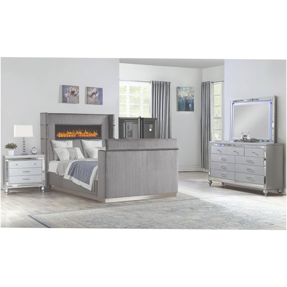 JERFIT Modern 4-Piece Queen Bedroom Set with Fireplace Headboard, TV Footboard, Dresser & Nightstand, Gray Upholstered Wood Bedroom Suite