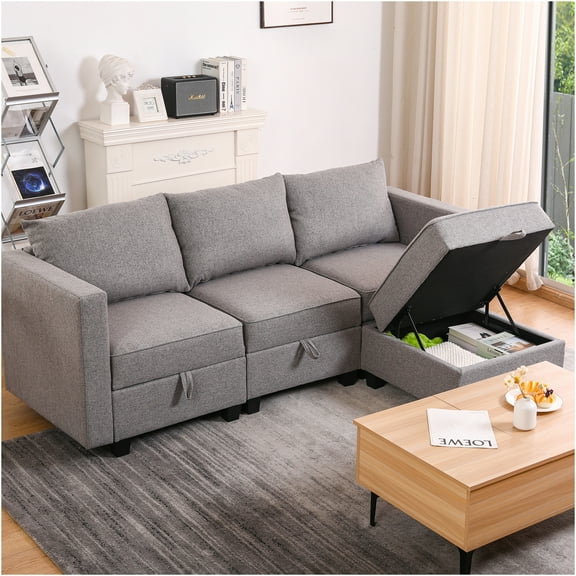 JERFIT Modern 4-Seat Modular Sectional Sofa with Storage Ottoman, L-Shaped Convertible Couch in Dawn Grey Burlap Fabric