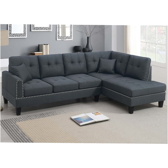 JERFIT Modern 4-Seat Sectional Sofa with Chaise, Charcoal Linen Fabric, Nailhead Trim & Accent Pillows for Living Room