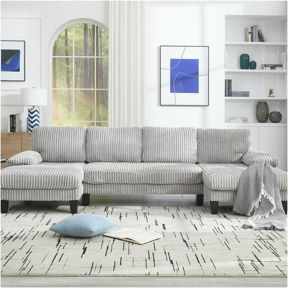 JERFIT Modern 4-Seat U-Shaped Sectional Sofa with Double Chaise, Light Gray Velvet Fabric, Modular Design for Living Room & Apartment