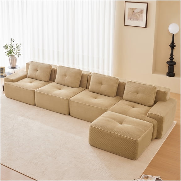 JERFIT Modern 4-Seater L-Shaped Sectional Sofa with Ottoman, Corduroy Fabric, Deep Seat, Tufted Back, No Assembly Required for Living Room, Camel