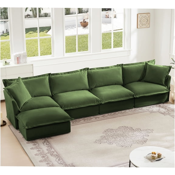 JERFIT Modern 4-Seater L-Shaped Sectional Sofa with Pillows, Plush Chenille Fabric, Deep Seating Couch for Living Room, Removable Covers, Green