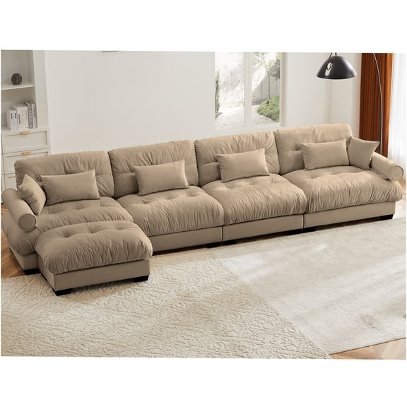 JERFIT Modern 4-Seater Modular Sectional Sofa with Ottoman, Velvet Convertible L-Shaped Couch for Living Room, Deep Seating with Cloud-Like Comfort, Camel