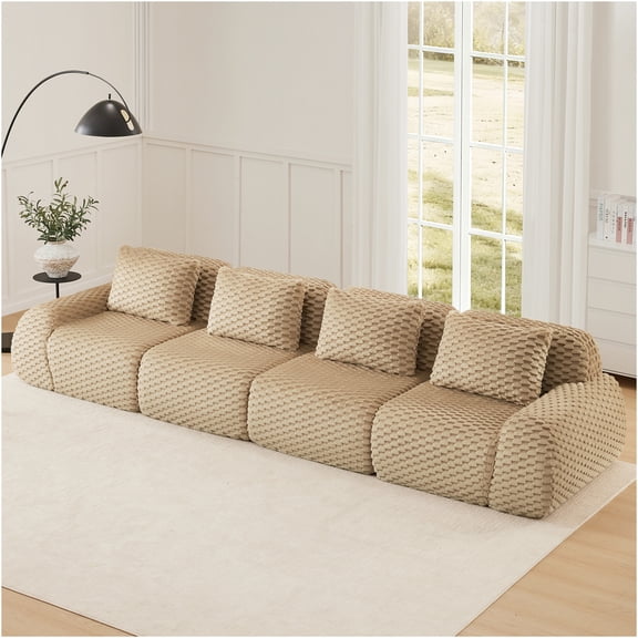 JERFIT Modern 4-Seater Modular Sectional Sofa with Ottoman, Light Camel Flannelette Fabric, No Assembly Deep Seat Couch for Living Room