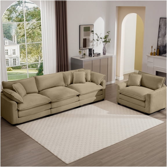 JERFIT Modern 4-Seater Sectional Sofa Set with Pillows, Tan Corduroy Fabric Upholstered Couch for Living Room