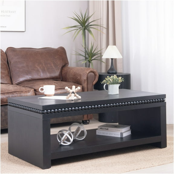 JERFIT Modern 47 inch Rectangular Coffee Table with Storage Shelf, Beaded Edge Detail, Black Engineered Wood Console Table for Living Room, Sofa Table