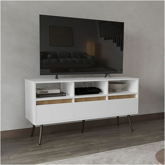 JERFIT Modern 47 inch TV Stand with Storage Drawers & Open Shelves, Farmhouse Style Entertainment Center for Living Room, White Oak Finish