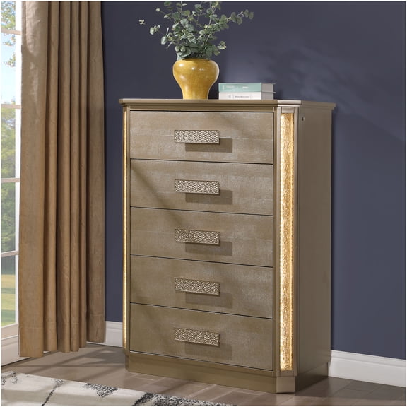 JERFIT Modern 5-Drawer Chest with LED Lights, Gold Snake Skin Finish Storage Dresser for Bedroom