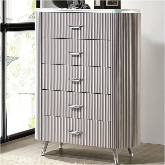 JERFIT Modern 5-Drawer Chest with Stone Look Top, Chrome Handles for Bedroom, Light Gray