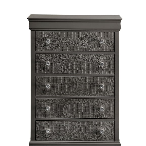 JERFIT Modern 5-Drawer Dresser, Wood Bedroom Chest with Velvet Lined Drawer, Sleek Crystal Knobs, Metallic Gray Finish