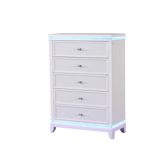 JERFIT Modern 5-Drawer Dresser with LED Lights & Crystal Pulls, White Wood Bedroom Chest for Ample Storage
