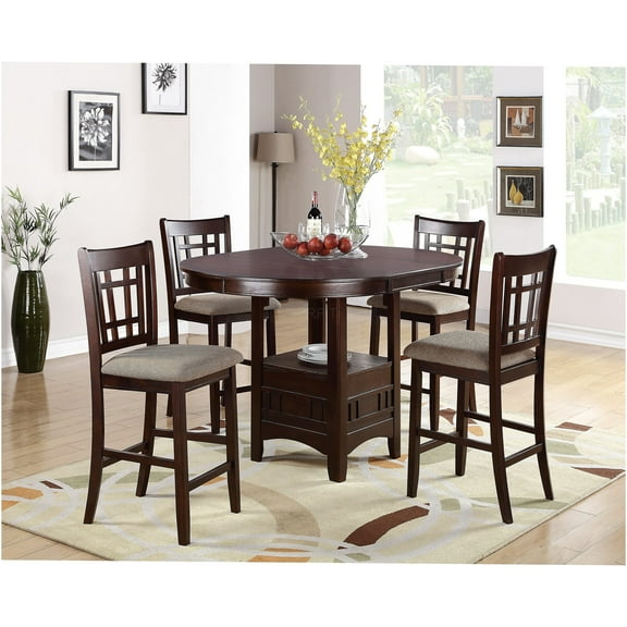JERFIT Modern 5-Piece Counter Height Dining Set with Round Extendable Table and 4 Upholstered Chairs, Brown Mix Solid Wood Kitchen Dining Room Furniture