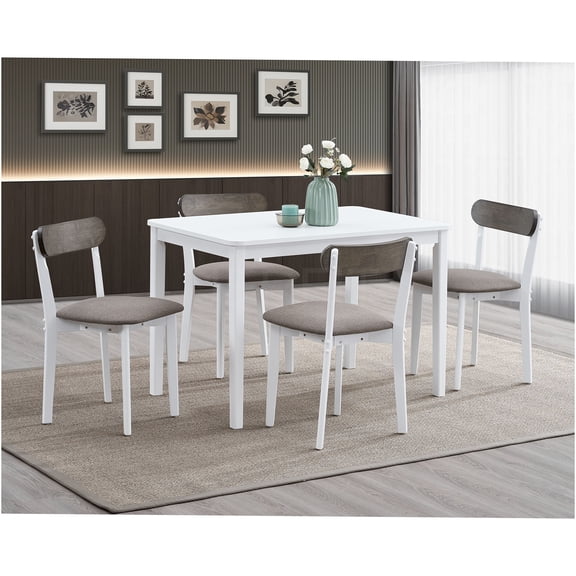 JERFIT Modern 5-Piece Dining Set with Rectangular Table and 4 Chairs, White and Gray Two-Tone Finish, Space-Saving Kitchen Furniture