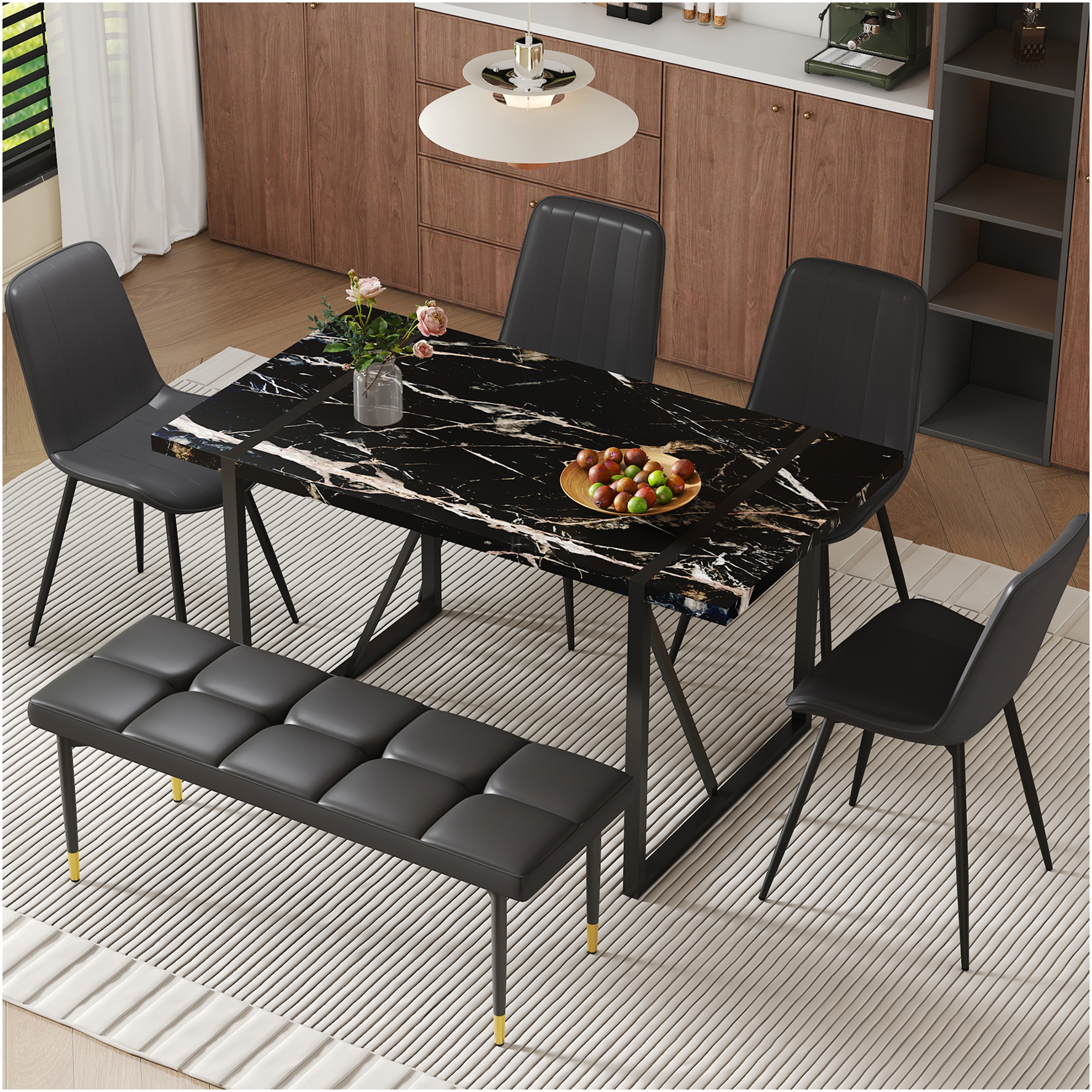 JERFIT Modern 5-Piece Dining Set with Table, 4 Chairs & Bench, Black ...