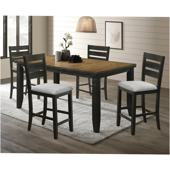 JERFIT Modern 5-Piece Extendable Counter Height Dining Set, Charcoal Wood Table & Gray Fabric Chairs for Kitchen Breakfast Nook