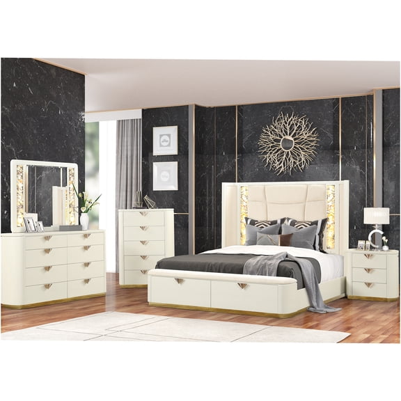 JERFIT Modern 5-Piece King Bedroom Set with Upholstered Bed, LED Mirror, Chest, Beige Finish