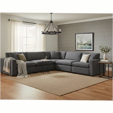 JERFIT Modern 5-Piece Modular Sectional Sofa with Chaise, Charcoal Grey Polyester Fabric, Reversible L-Shaped Couch for Living Room