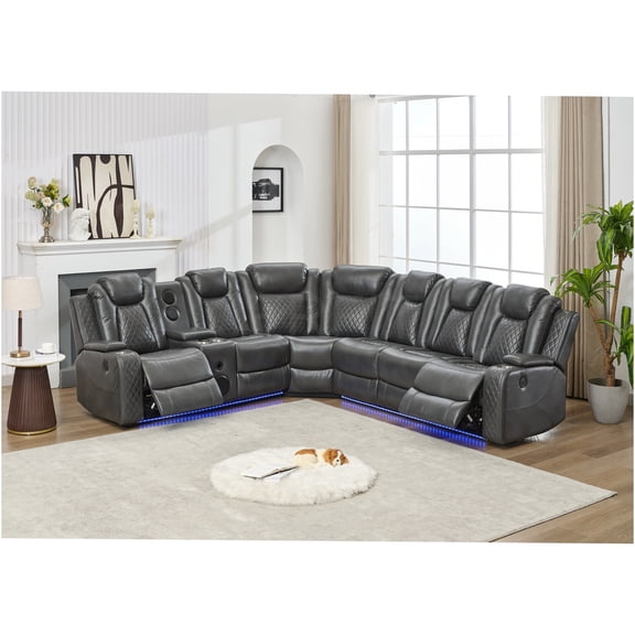JERFIT Modern 5-Seat Power Reclining Sectional Sofa with Bluetooth Speaker, LED Lights, Cup Holders & Storage, Grey Faux Leather