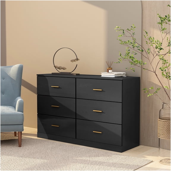 JERFIT Modern 6-Drawer Dresser, Black Chest of Drawers with Ample Storage for Bedroom, Sturdy Engineered Wood Furniture