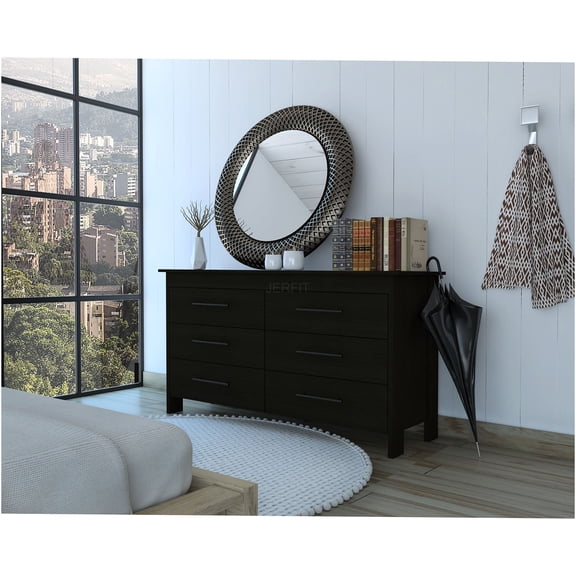 JERFIT Modern 6-Drawer Dresser, Double Wide Chest of Drawers with Metal Gliders, Particle Board Storage Cabinet for Bedroom, Black