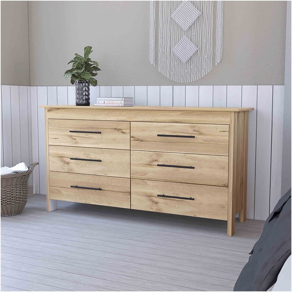 JERFIT Modern 6-Drawer Dresser, Double Wide Chest of Drawers with Metal Gliders, Particle Board Storage Cabinet for Bedroom, Multicolor