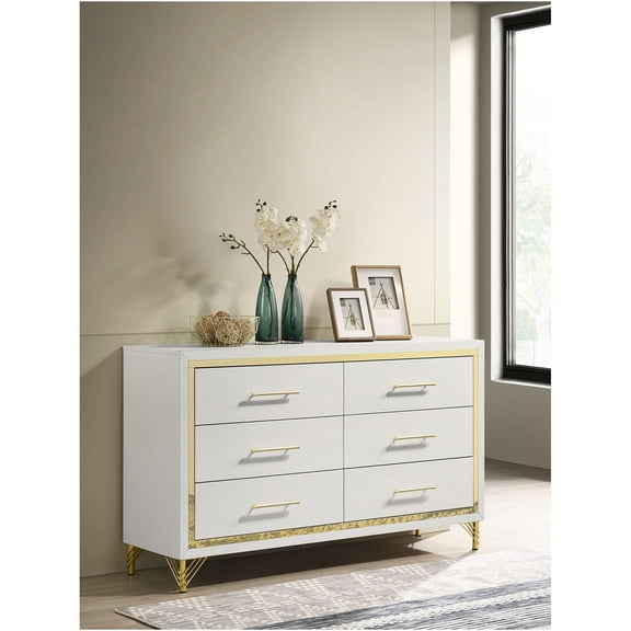 JERFIT Modern 6-Drawer Dresser with Gold Trim, Bedroom Chest of Drawers in White for Ample Storage