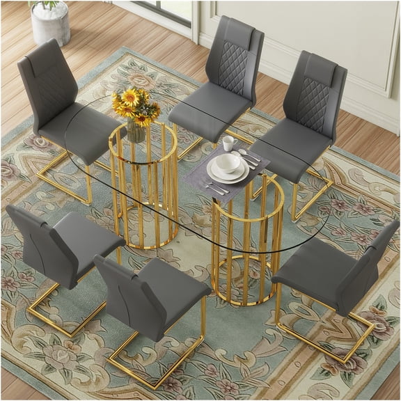 JERFIT Modern 6-Person Dining Table Set with Oval Tempered Glass Top and Gold Metal Base, Dark Gray PU Chairs