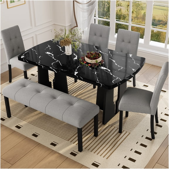 JERFIT Modern 6-Piece Dining Set with Faux Marble Table, Upholstered Chairs and Bench for Kitchen Dining Room
