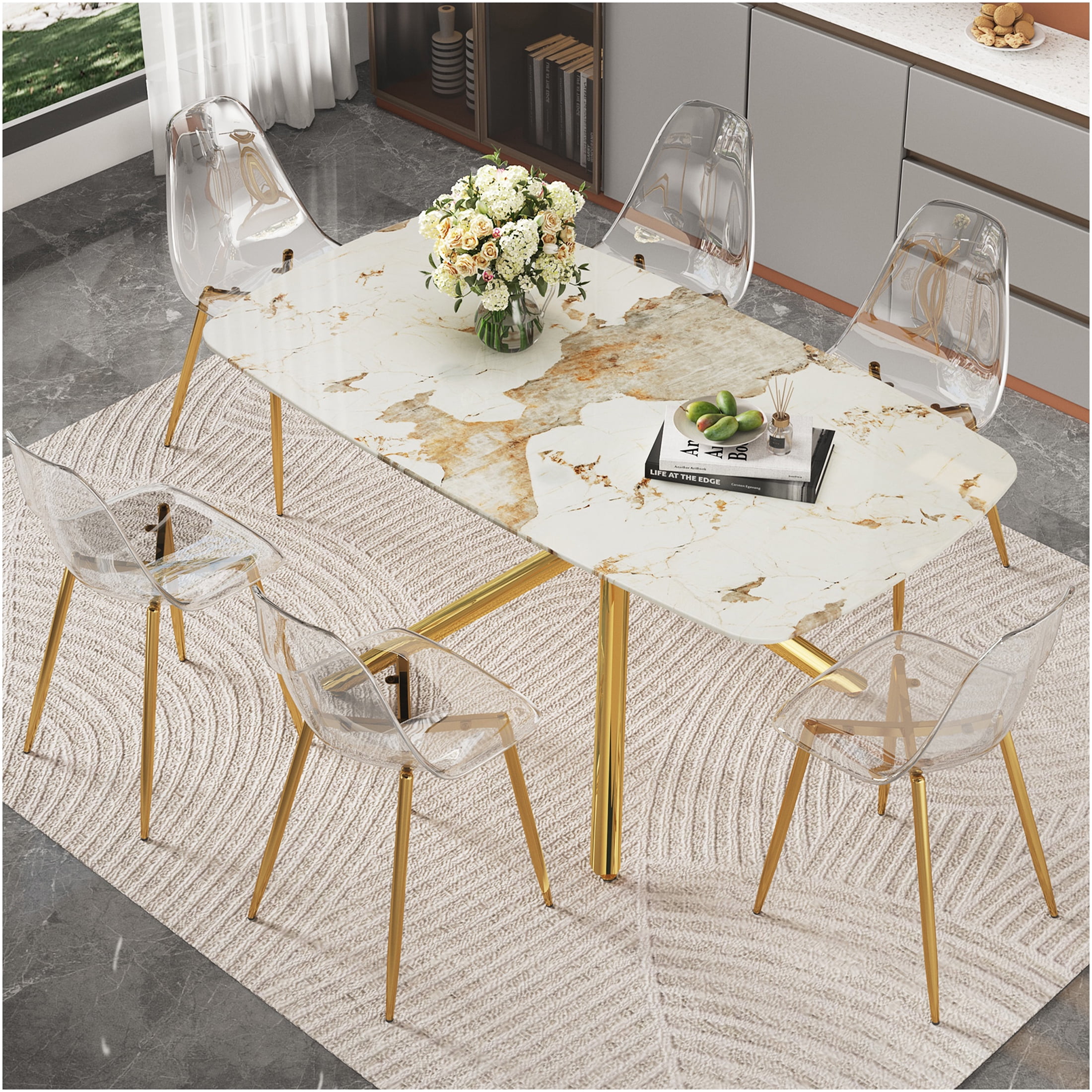 JERFIT Modern 6-Seater Dining Table Set with Marble Glass Top & Clear ...