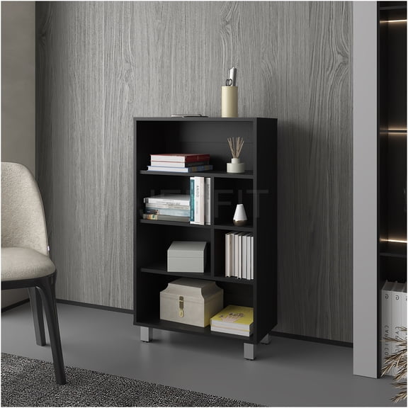 JERFIT Modern 6-Shelf Bookcase, Black Melamine Book Shelf with Scratch-Resistant Surface for Living Room, Office, Bedroom Organizer