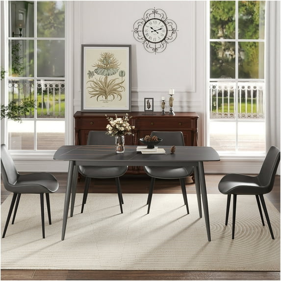 JERFIT Modern 63-inch Sintered Stone Dining Table for 6 with Black Metal Legs, Waterproof Scratch Resistant Kitchen Table