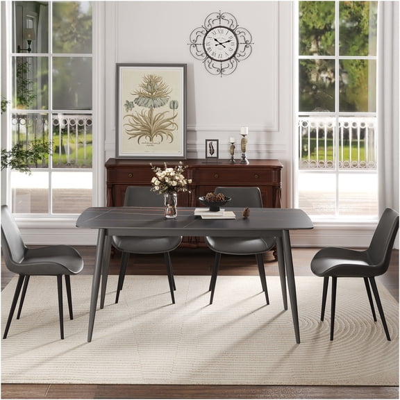 JERFIT Modern 63-inch Sintered Stone Dining Table for 6 with Black Metal Legs, Waterproof Scratch Resistant Kitchen Table