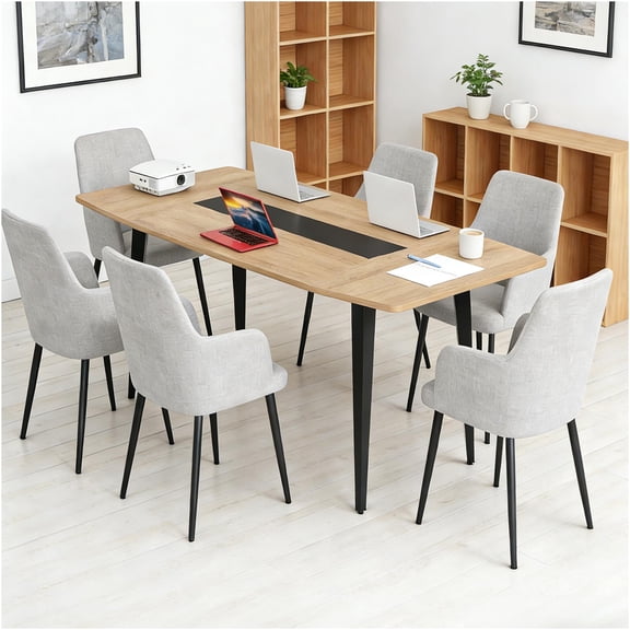JERFIT Modern 6ft Boat Shape Conference Table, Black Wood Grain Office Meeting Table with Cable Management, Sturdy Metal Frame
