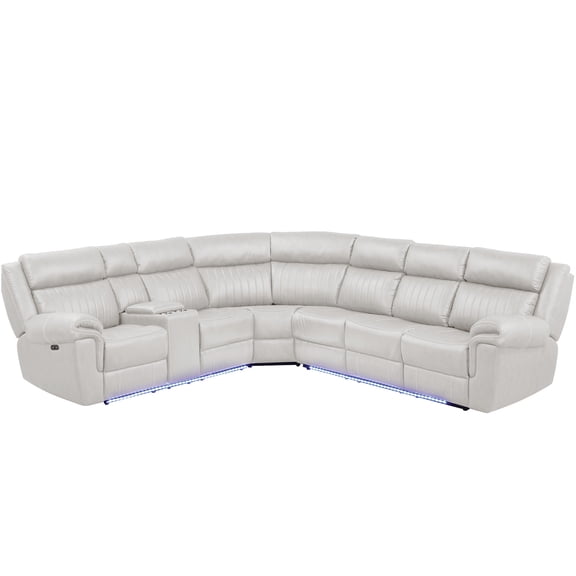 JERFIT Modern 7-Seat Leather Recliner Sectional Sofa with Bluetooth Speakers, Wireless Charging, LED Lights, Touch Control for Living Room, Beige